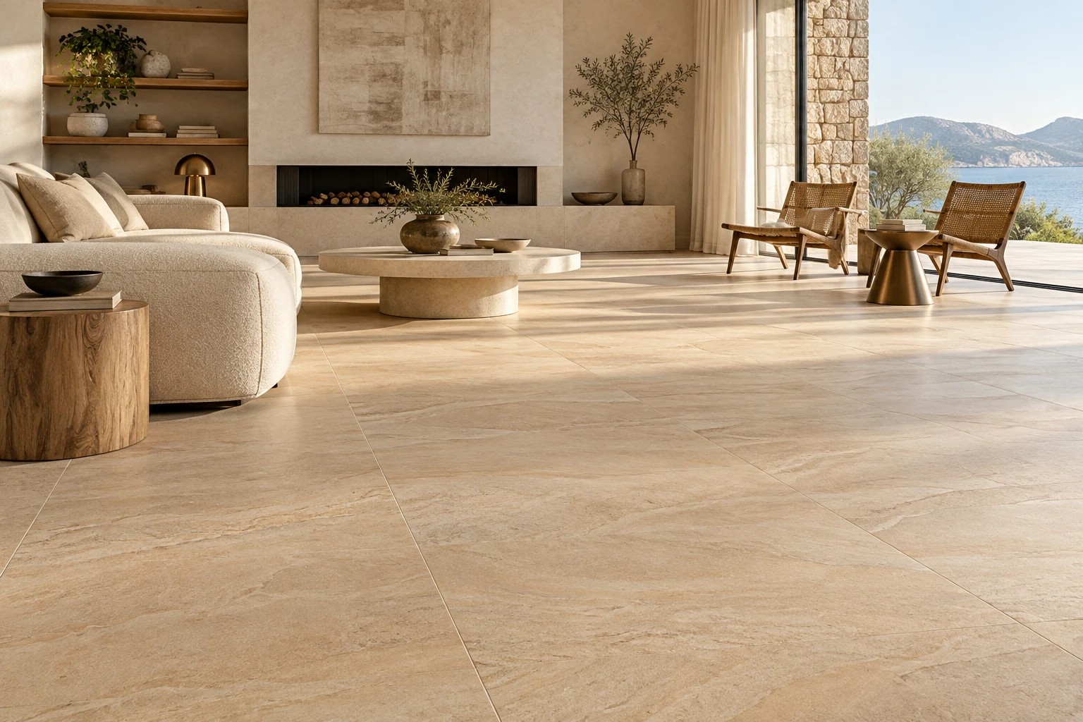 AI-generated design inspiration: a serene sunlit living room with warm sandstone-look tile flooring