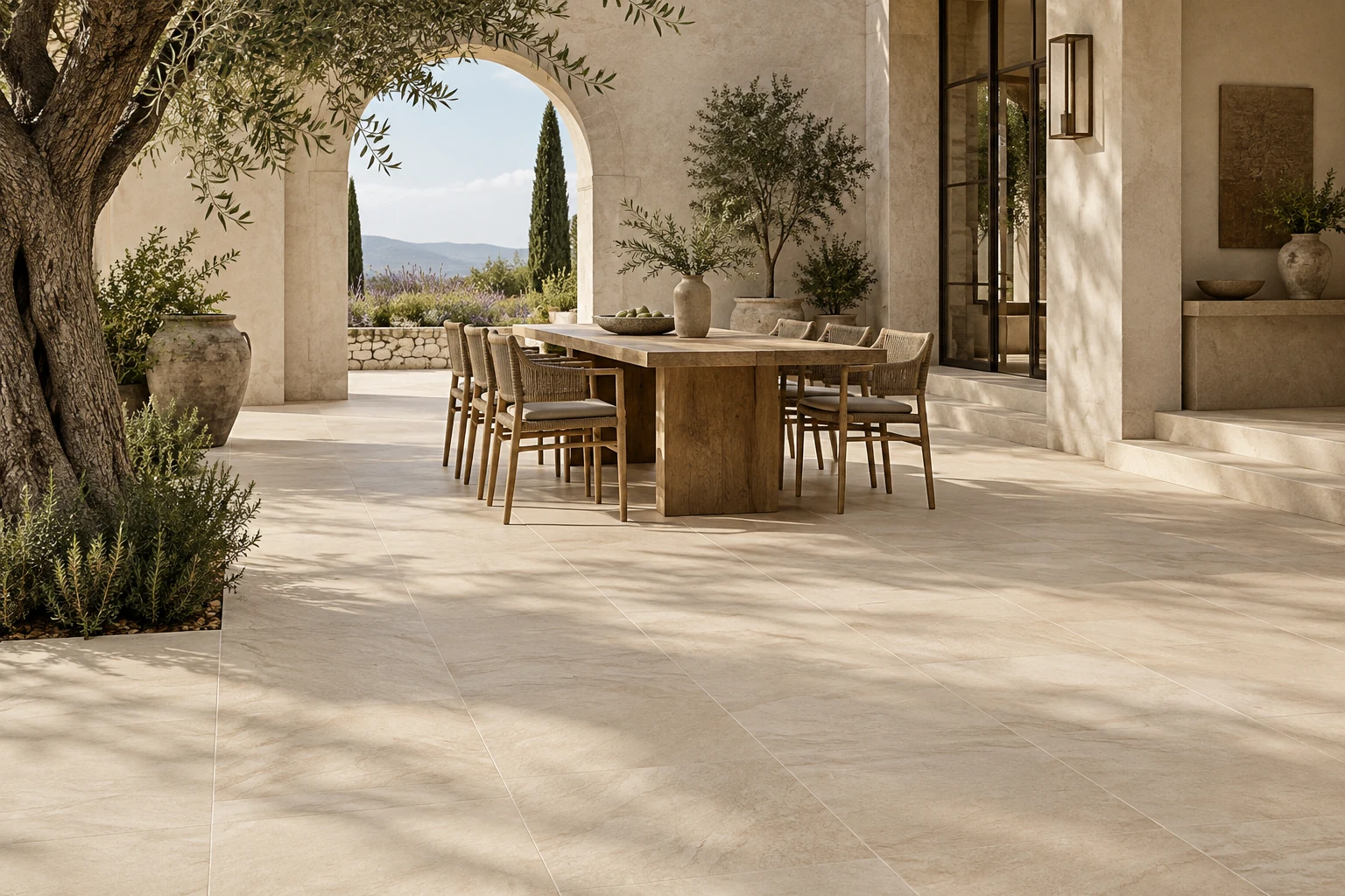 AI-generated design inspiration: a Mediterranean courtyard dining space with sandy porcelain flooring