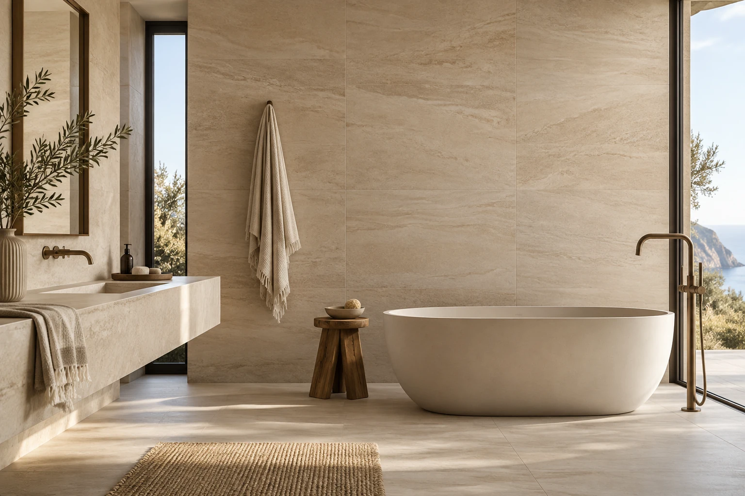 AI-generated design inspiration: a tranquil spa bathroom with beige sandstone-look wall tiles