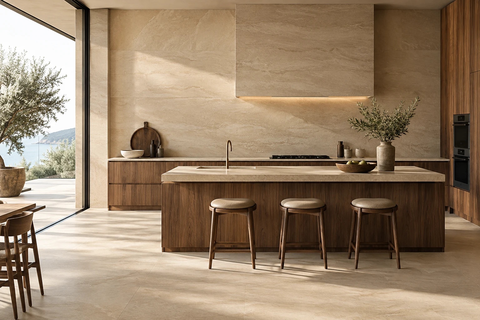 AI-generated design inspiration: a refined kitchen with warm sand-toned porcelain walls and walnut cabinetry