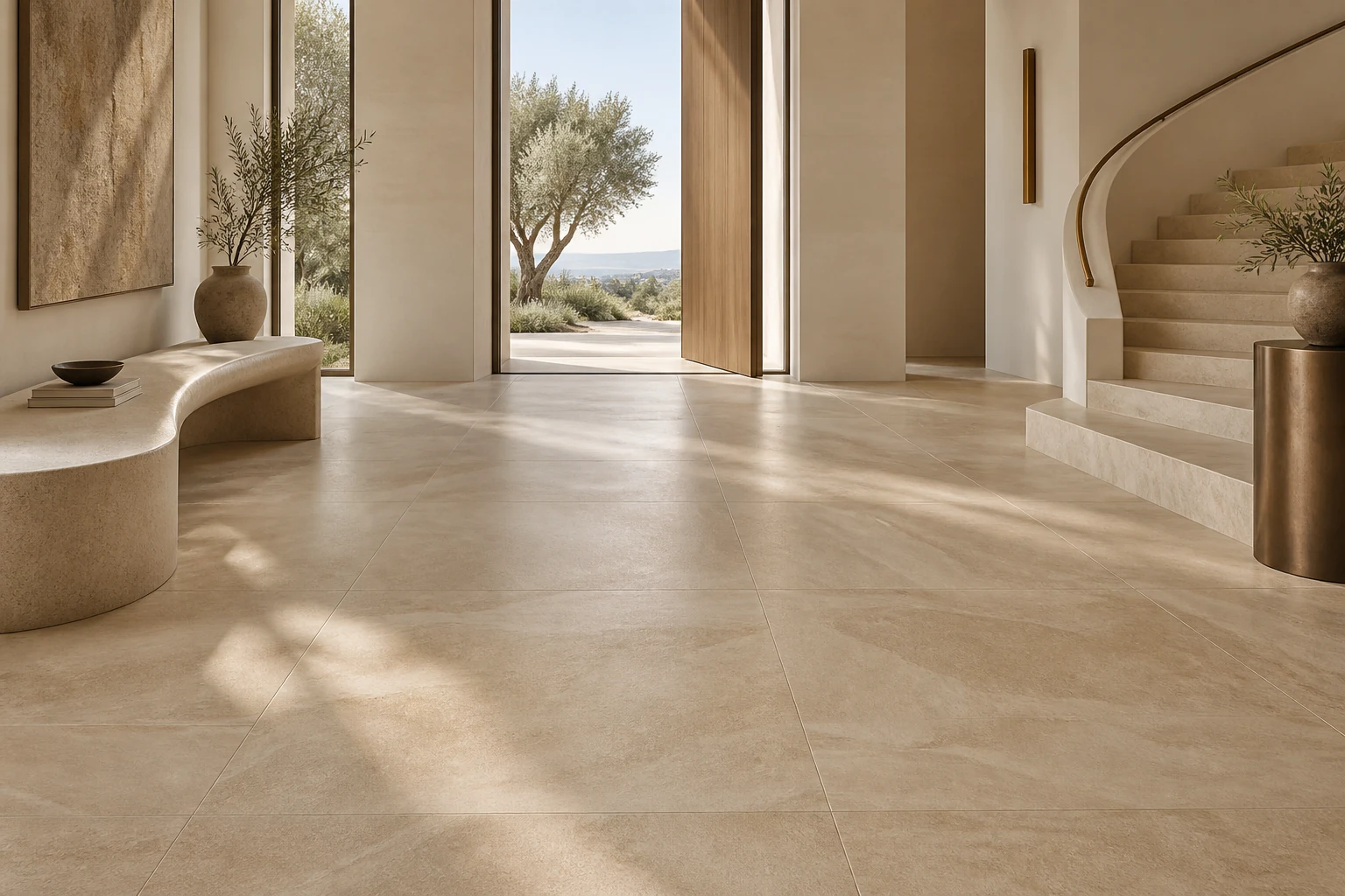 AI-generated design inspiration: an architectural entrance hall with sandstone-look flooring and a curved bench