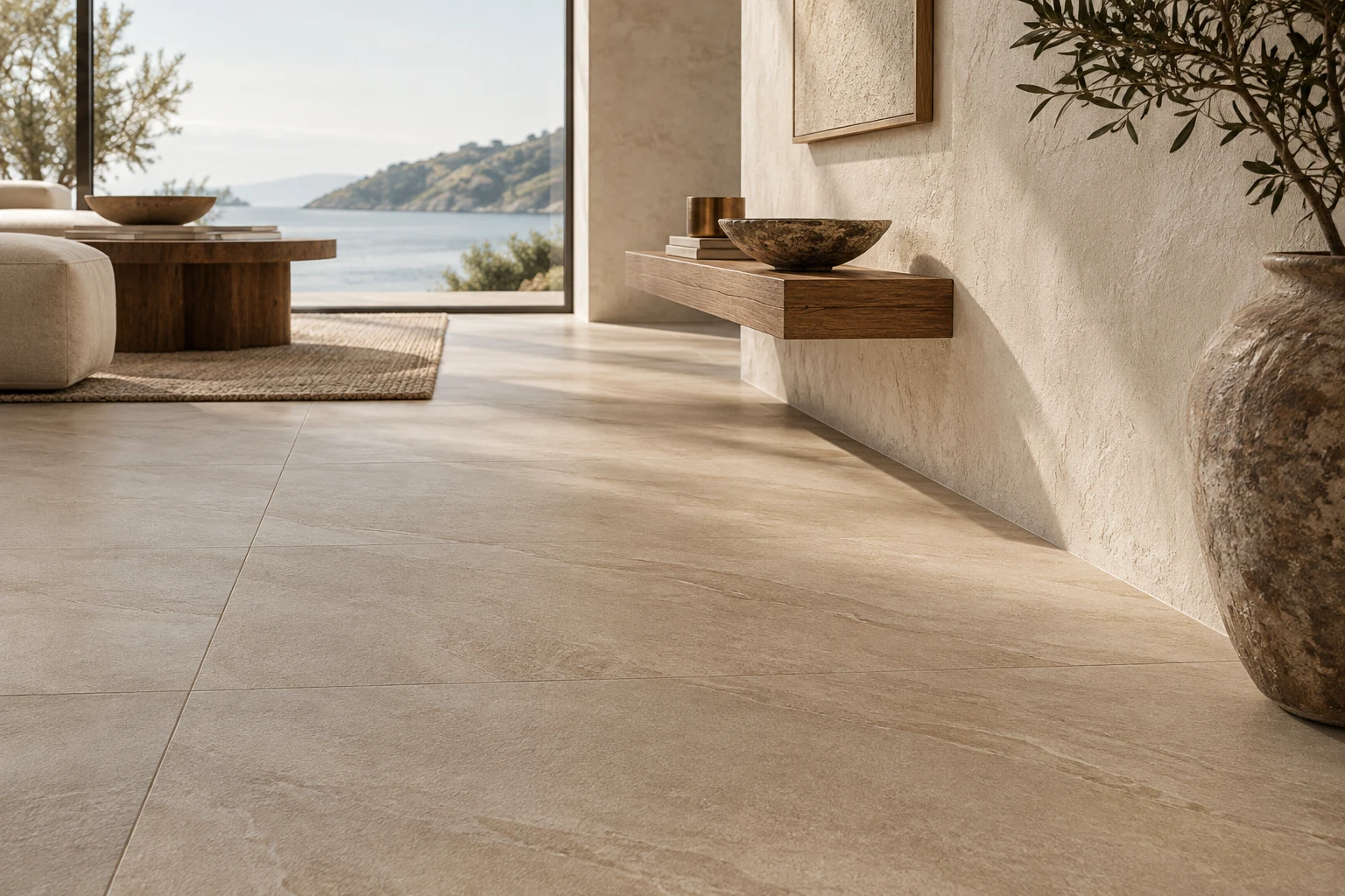 AI-generated design inspiration: a close detail of sandy porcelain tile texture where floor meets limewashed wall