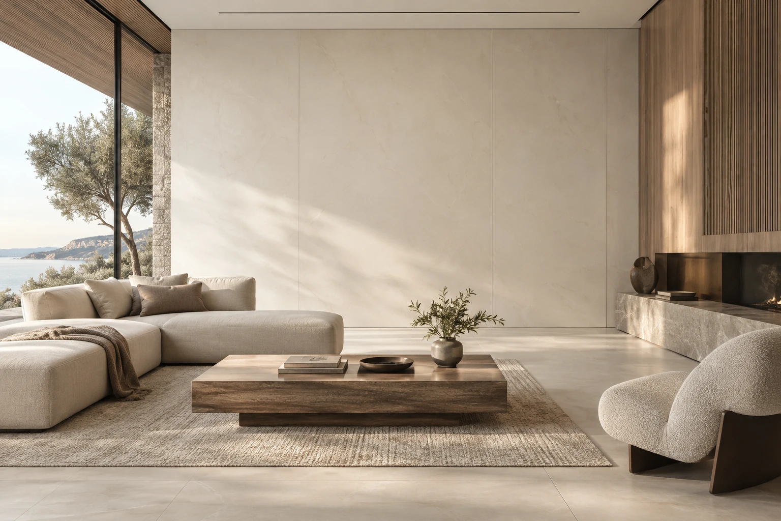 AI-generated design inspiration: a minimalist living room with broad ivory porcelain wall panels and understated joints