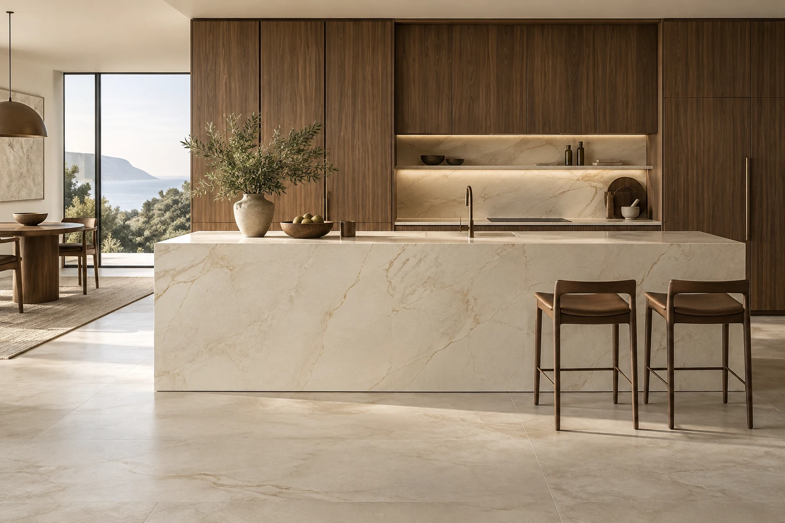 AI-generated design inspiration: a refined kitchen with slender-profile porcelain island cladding and walnut doors