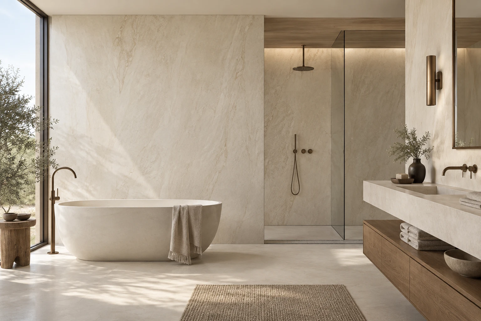AI-generated design inspiration: a contemporary bathroom with large pale stone-look porcelain wall panels