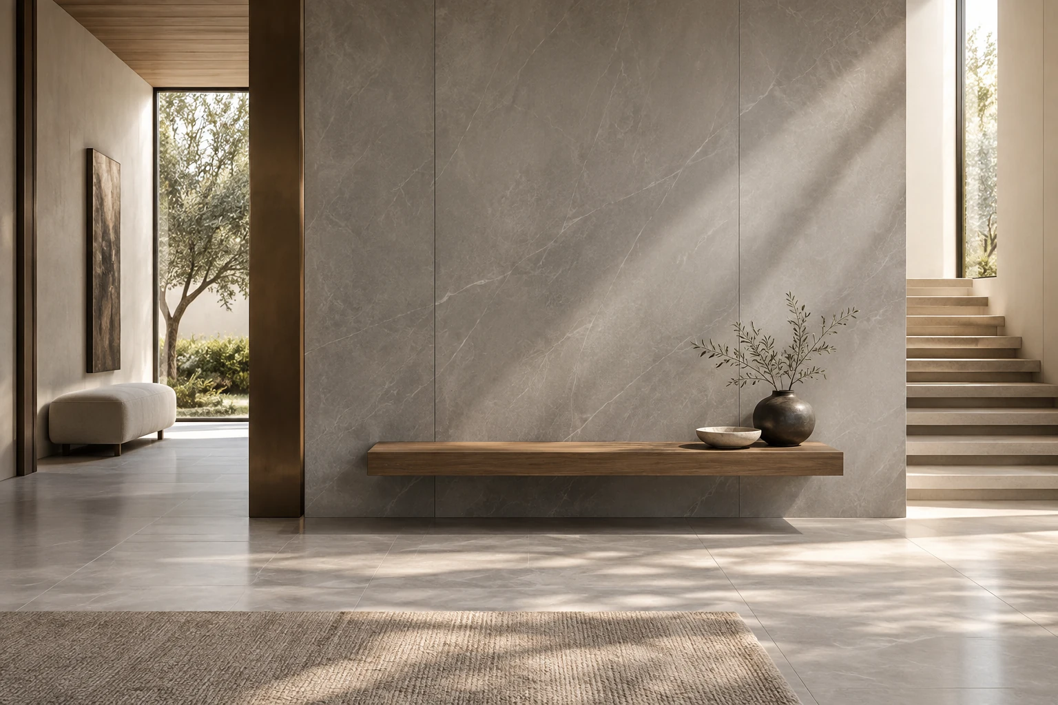 AI-generated design inspiration: a gallery entry with tall grey porcelain wall cladding and a floating bench