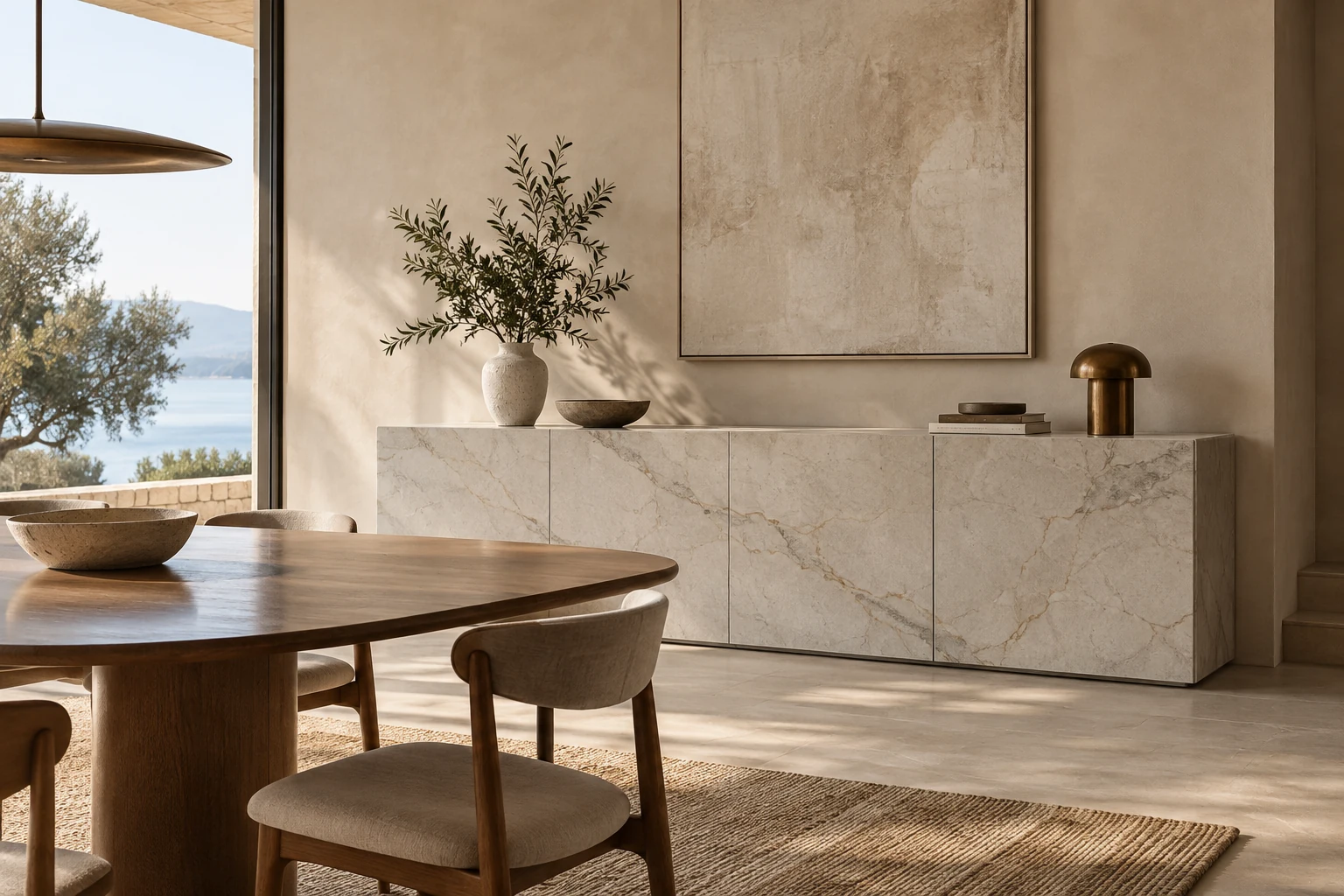 AI-generated design inspiration: a serene dining room with a slim-profile porcelain-clad console against warm plaster