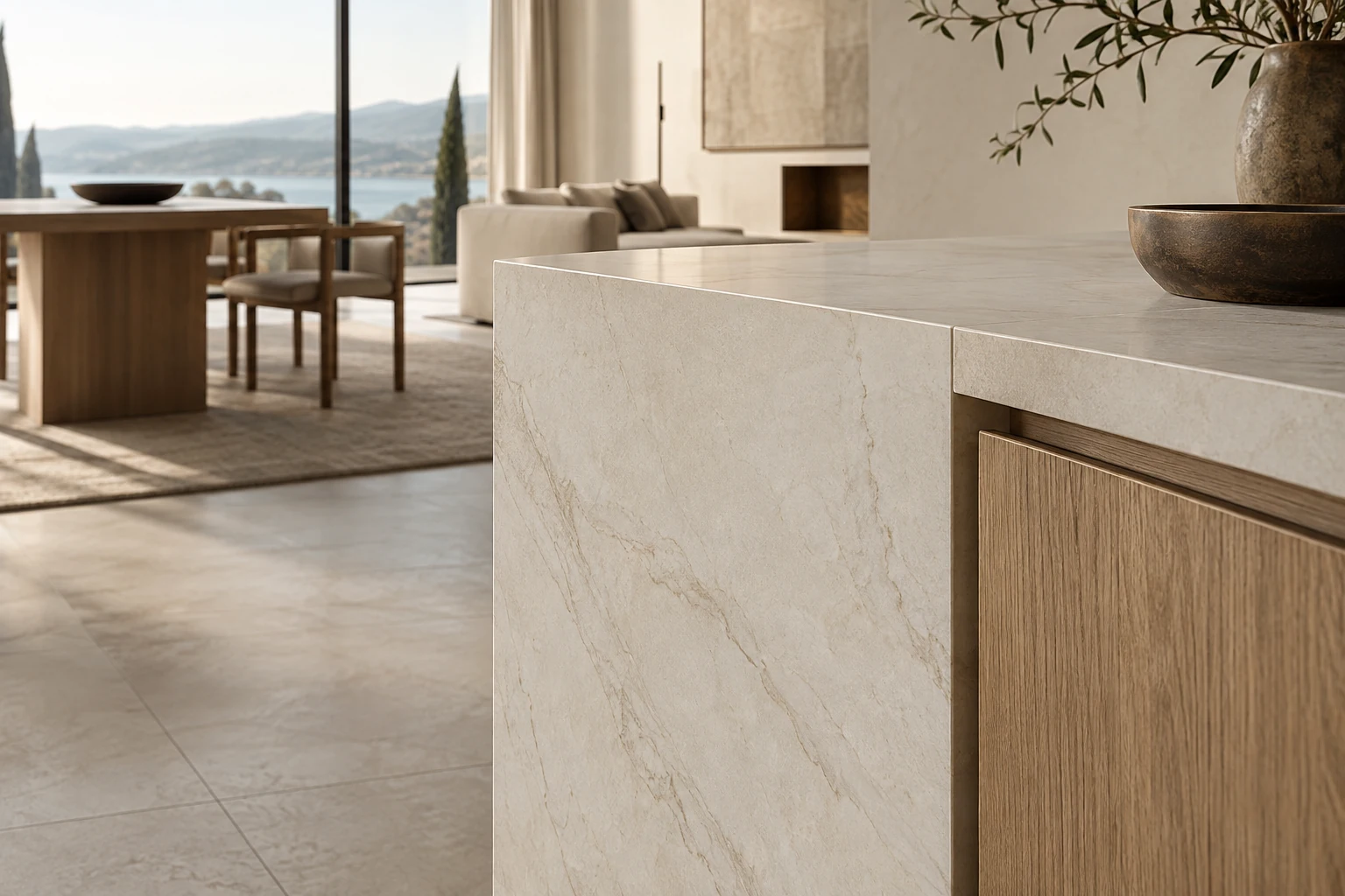 AI-generated design inspiration: a close architectural detail of a slender porcelain-clad edge meeting precision oak joinery