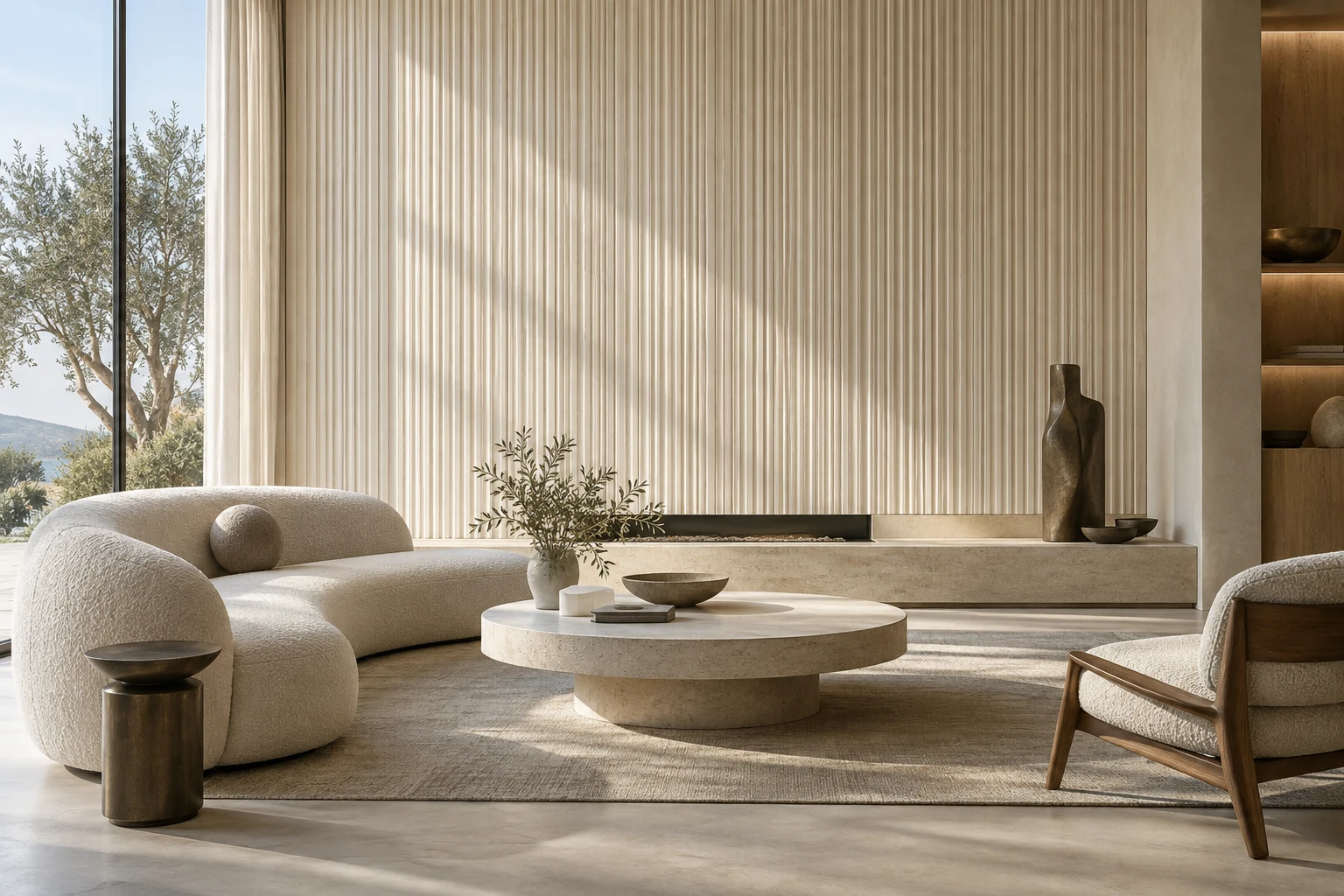 AI-generated design inspiration: a sculptural living room feature wall with softly fluted ivory porcelain relief tiles