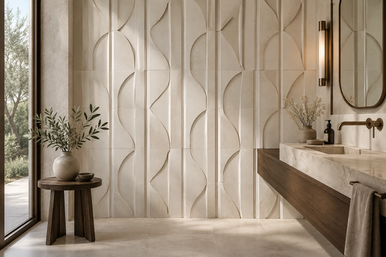 AI-generated design inspiration: an elegant powder room with geometric three-dimensional porcelain wall relief