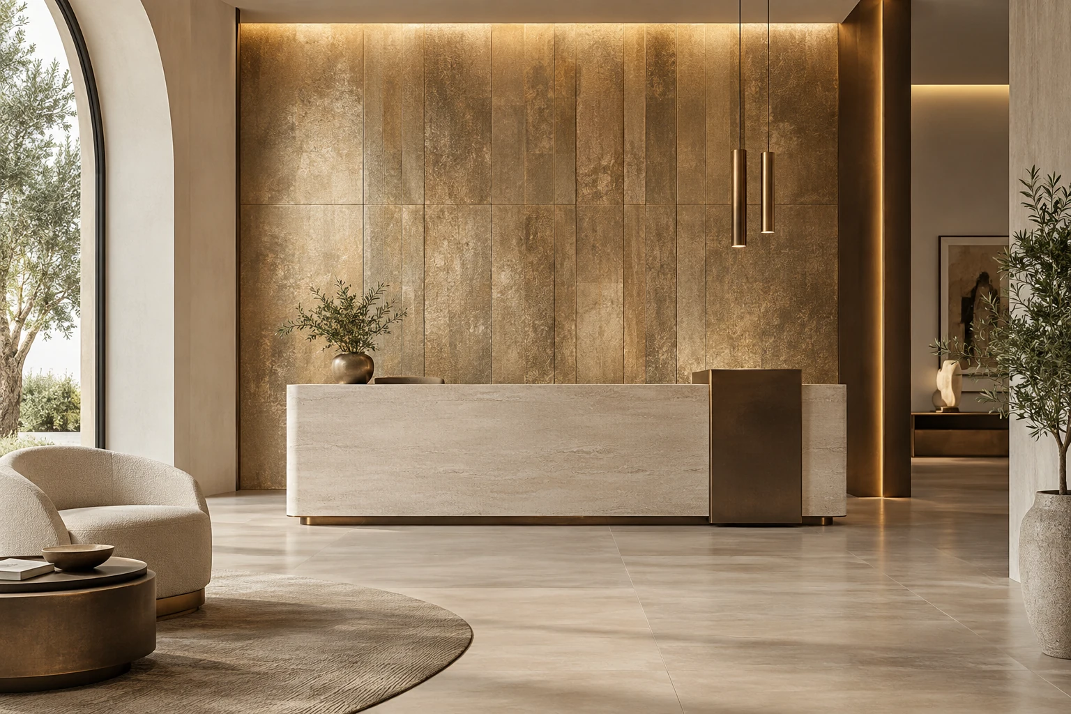 AI-generated design inspiration: a boutique reception area with warm metallic-look porcelain feature tiles