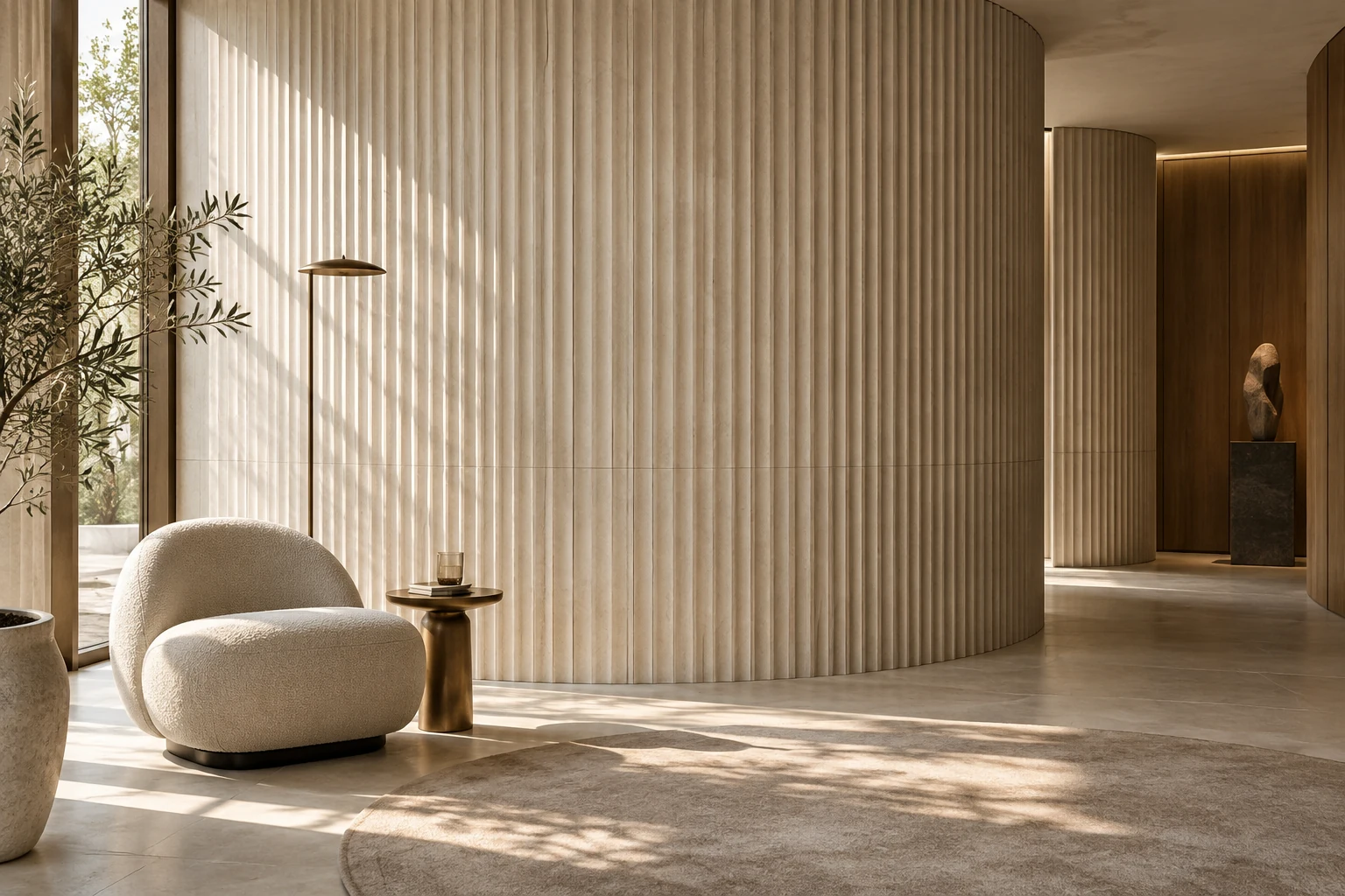 AI-generated design inspiration: a serene alcove with curved ribbed ceramic wall surfaces and grazing daylight