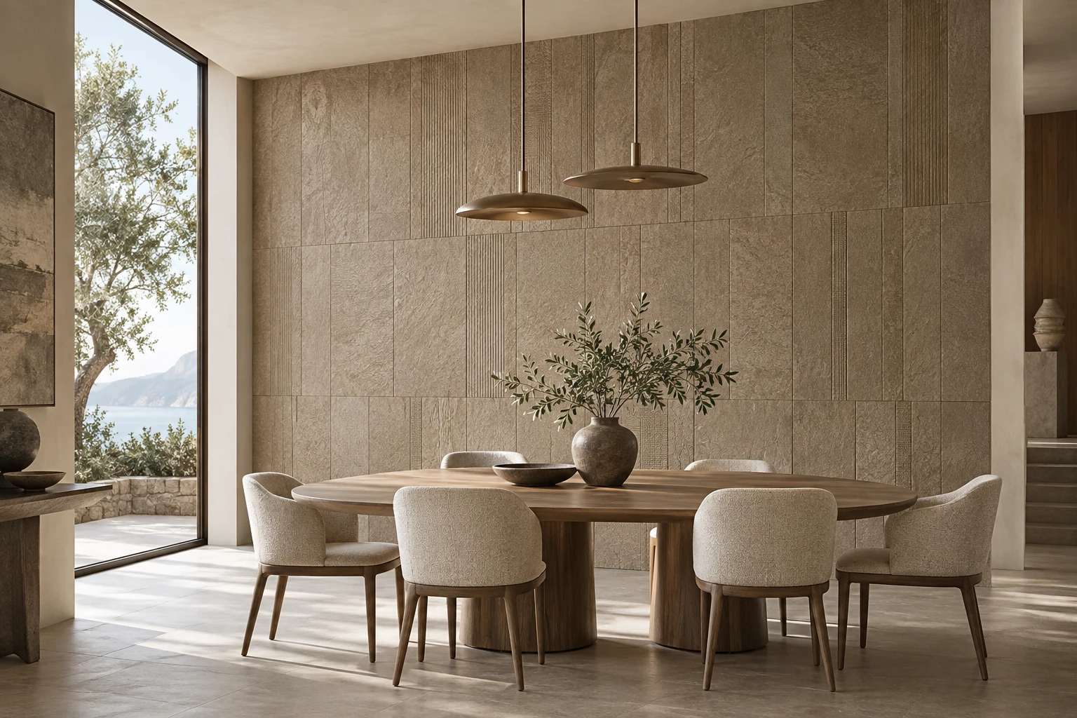 AI-generated design inspiration: a refined dining room feature wall with muted clay-toned textured porcelain tiles