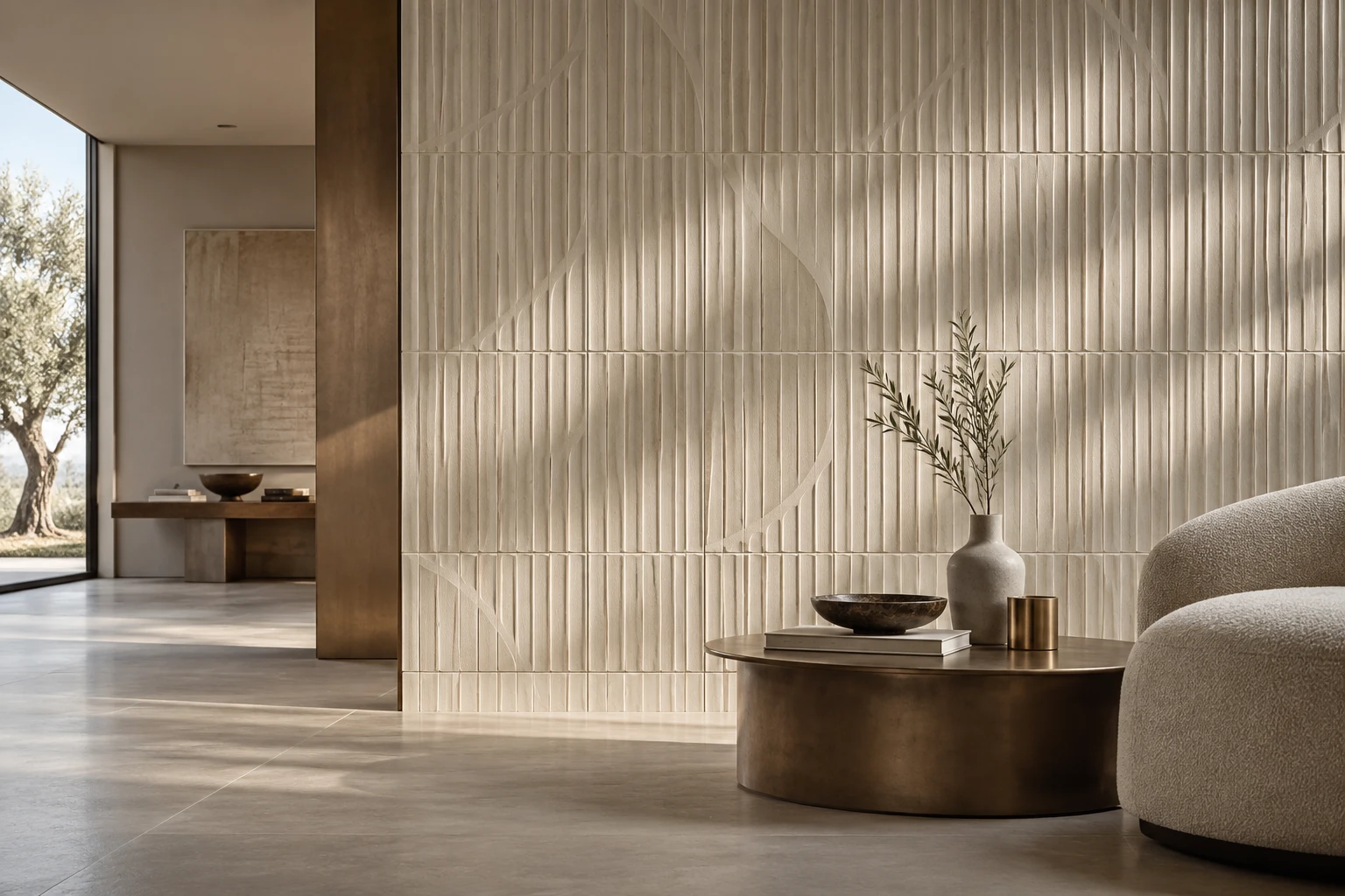 AI-generated design inspiration: a close detail of architectural ceramic relief, fine joints and raking light