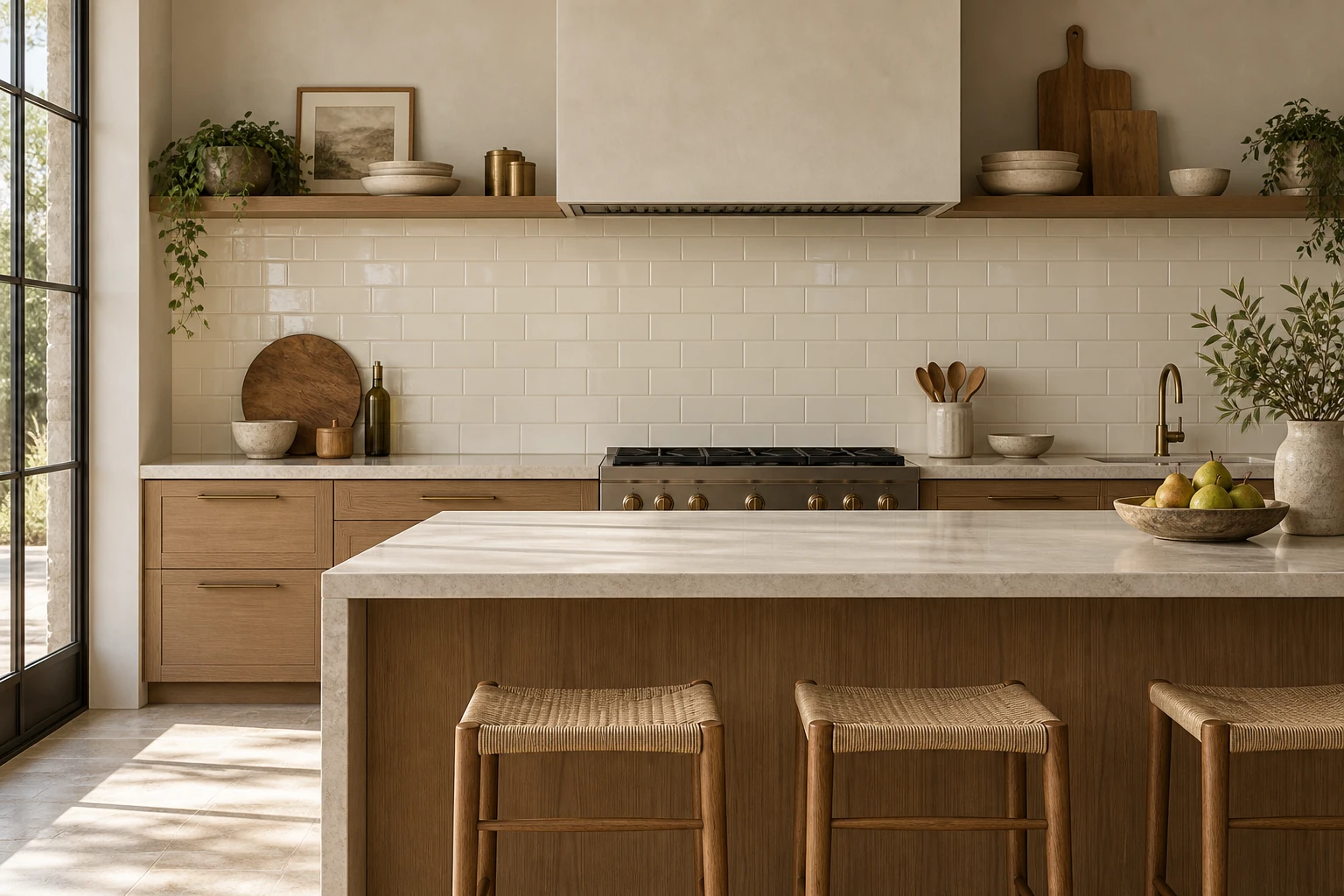 AI-generated design inspiration: an elegant kitchen with warm ivory subway tile backsplash in running bond