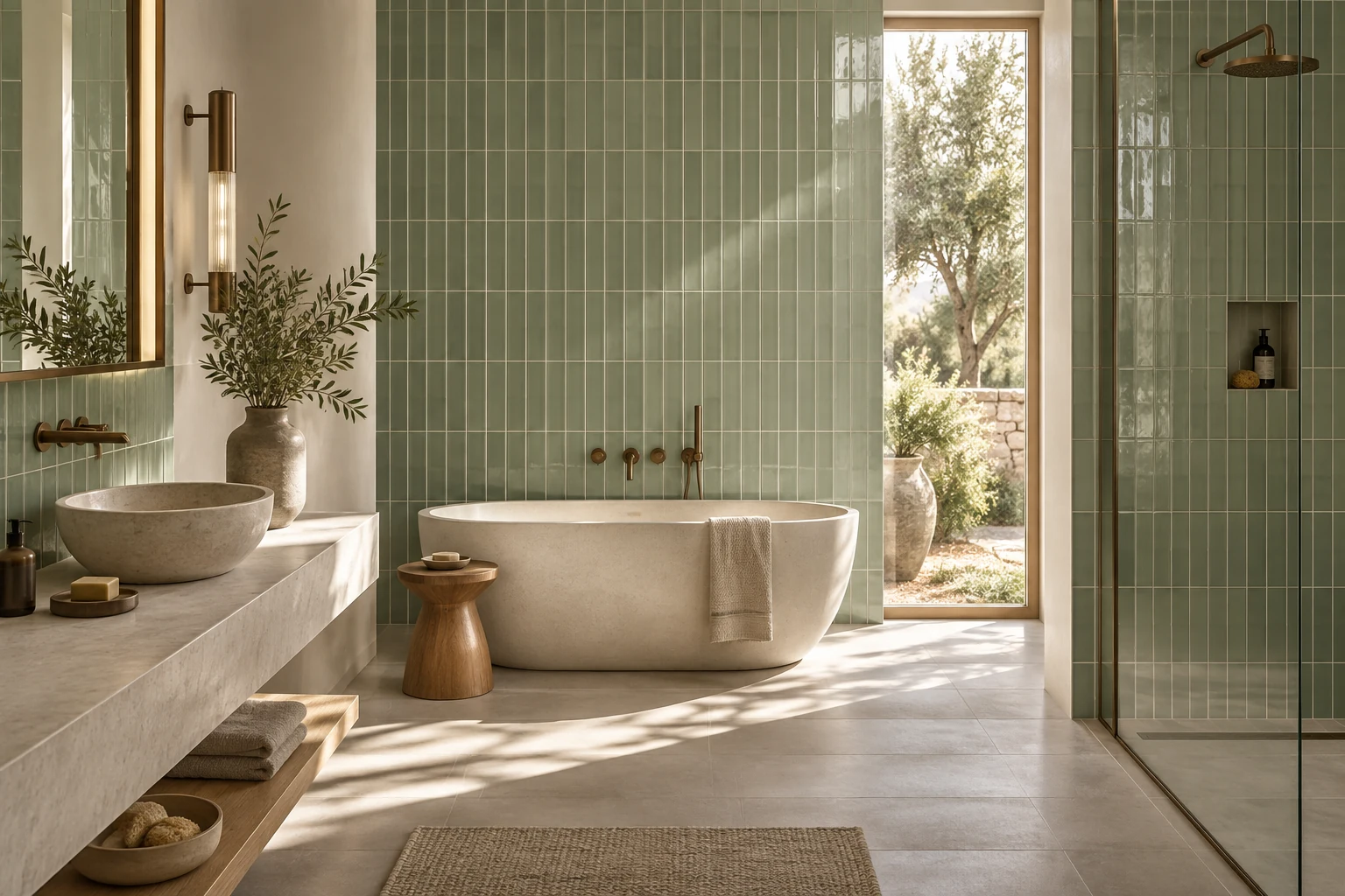 AI-generated design inspiration: a spa bathroom with sage-green vertical stacked subway tiles