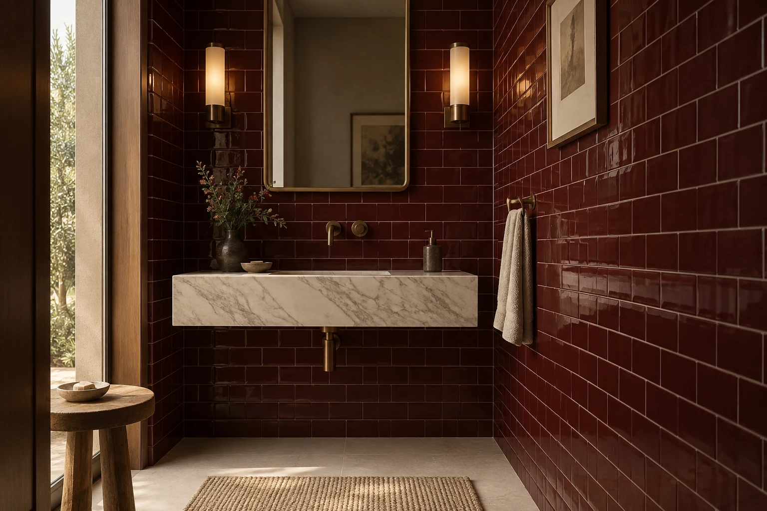 AI-generated design inspiration: a boutique powder room with deep oxblood subway tile walls and bronze fittings