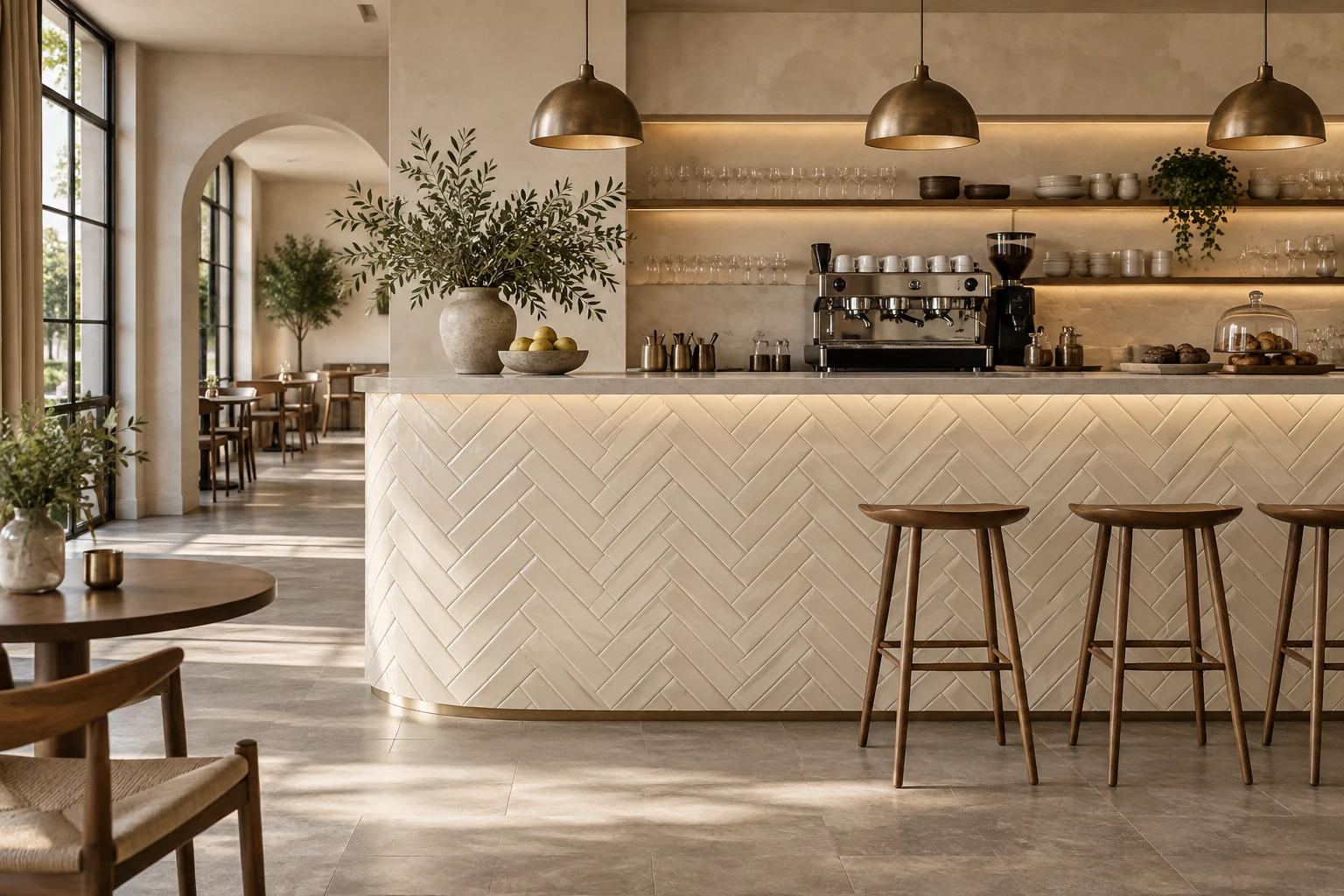 AI-generated design inspiration: a refined cafe bar with soft cream herringbone subway tile facing