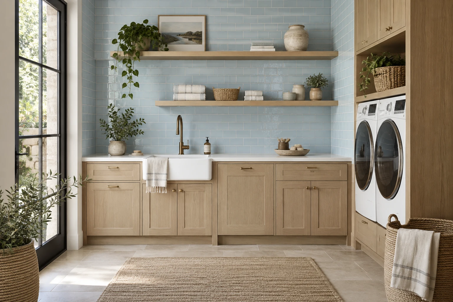 AI-generated design inspiration: a contemporary utility room with pale blue subway tile walls and oak cabinetry