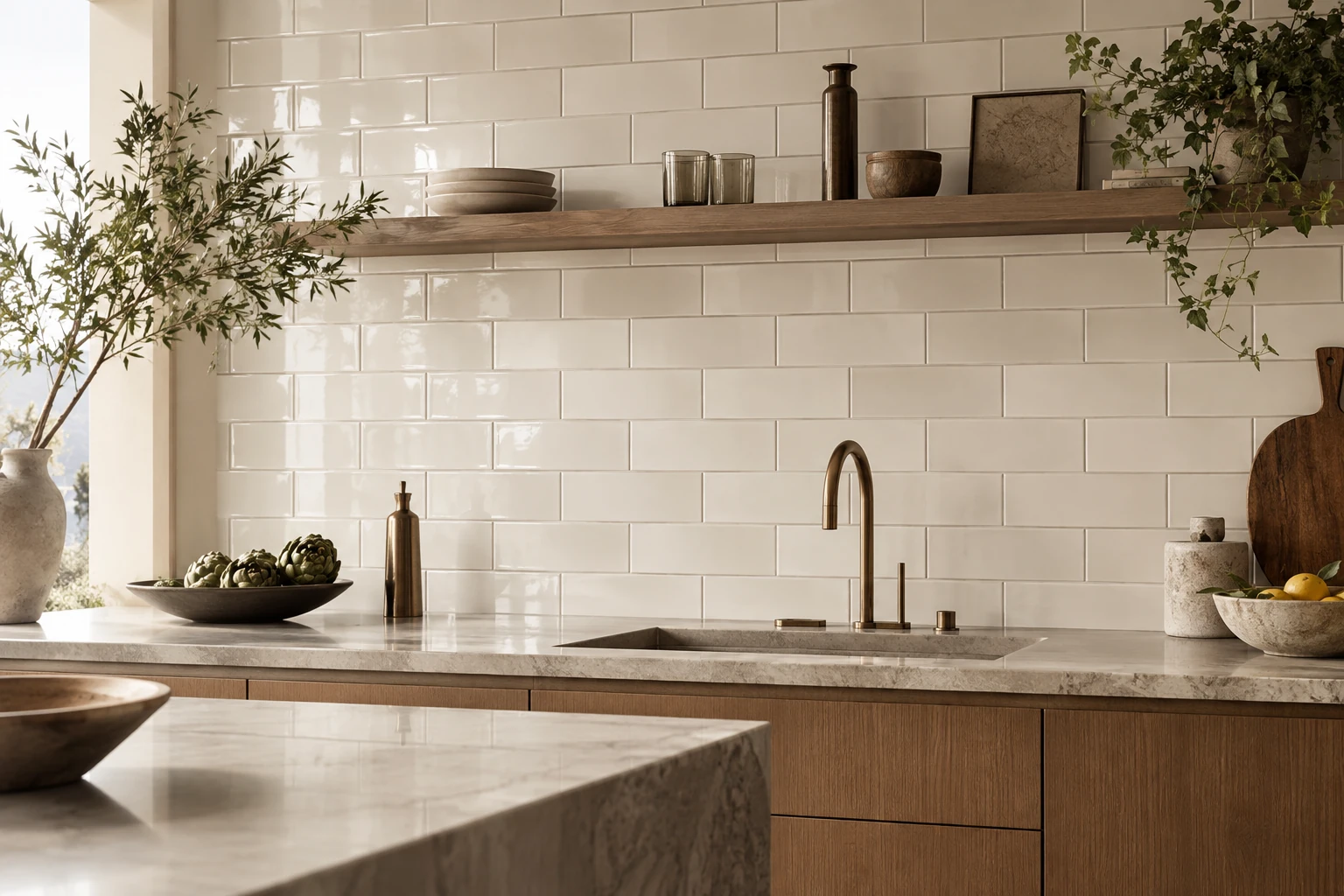 AI-generated design inspiration: a close detail of glazed ivory rectangular subway tiles, subtle glaze variation and crisp joints