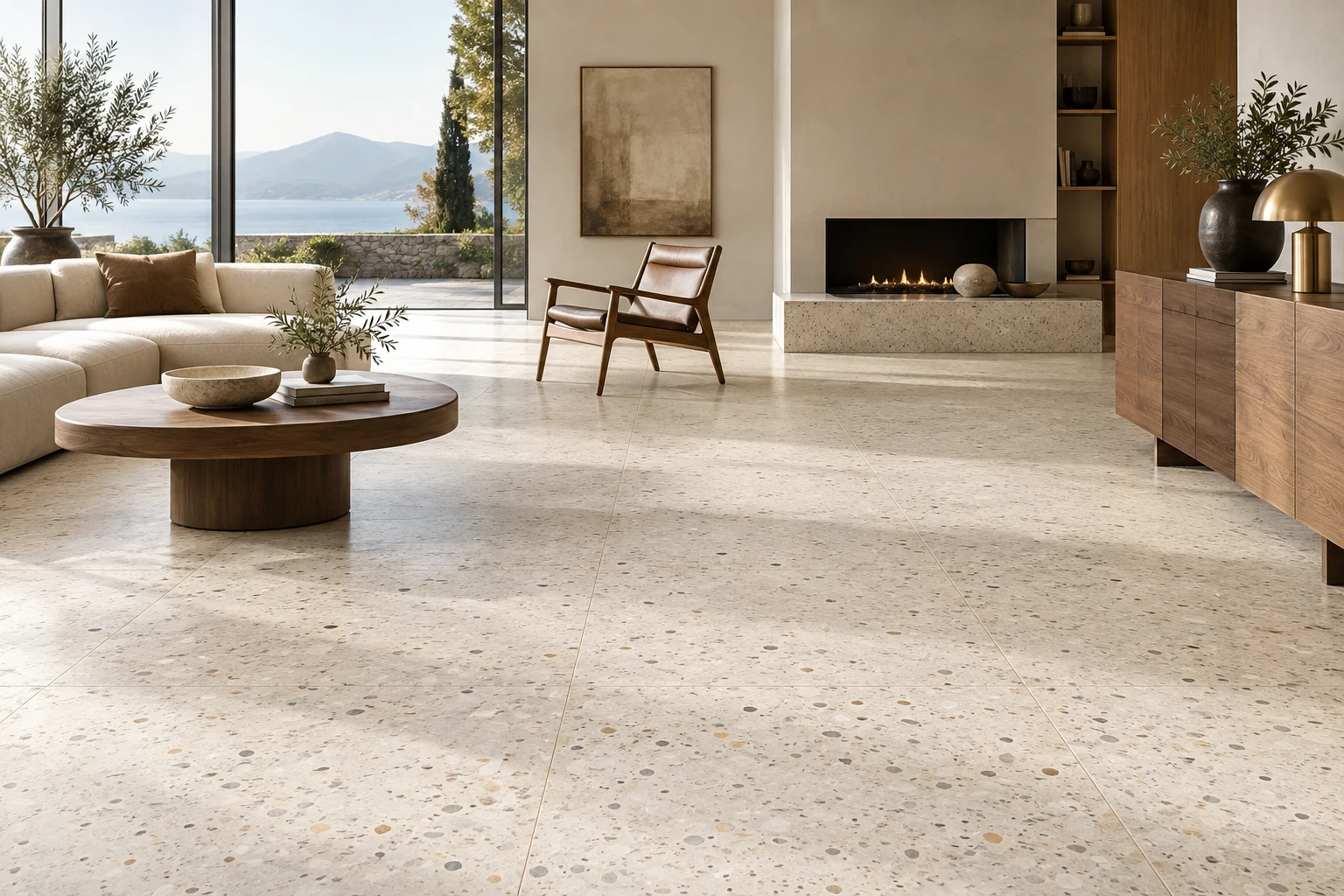 AI-generated design inspiration: a refined living room with ivory terrazzo-look flooring and walnut furniture