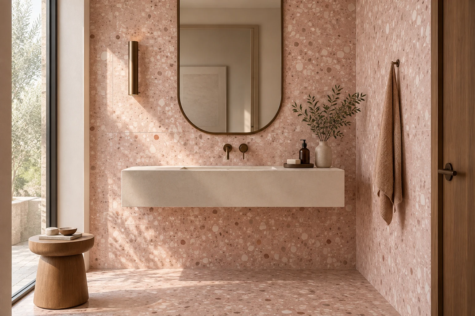 AI-generated design inspiration: a boutique powder room with blush terrazzo-look tiles and a simple cream basin