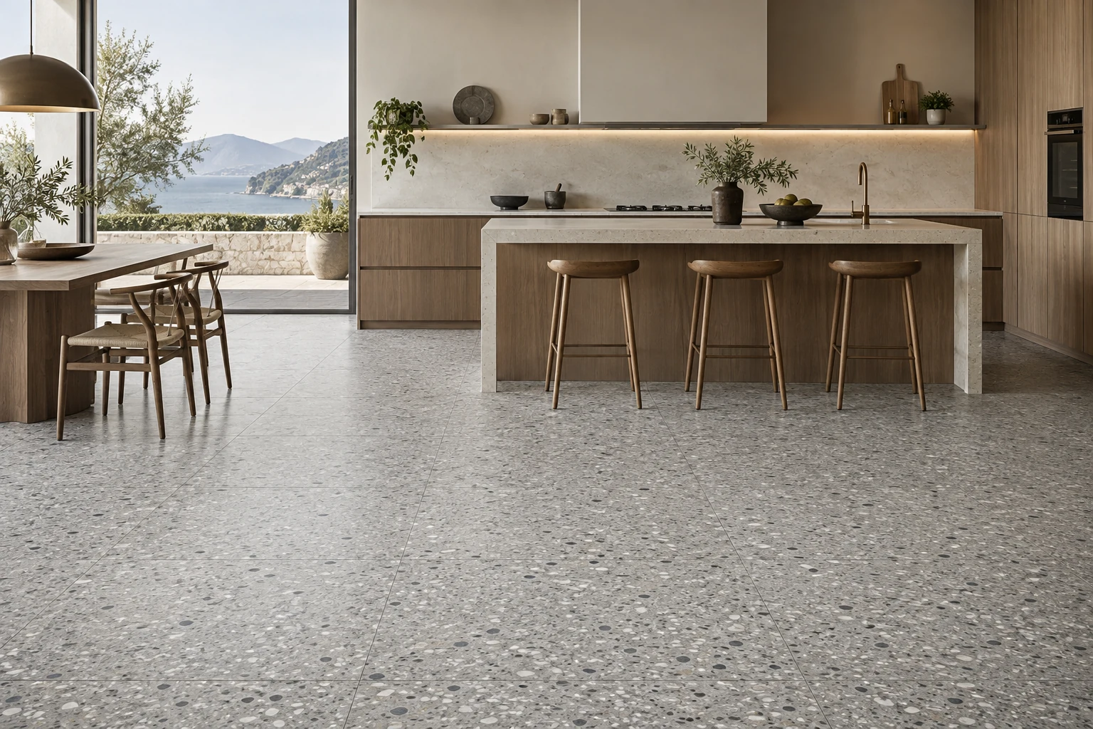 AI-generated design inspiration: a contemporary kitchen with fine-chip grey terrazzo-look flooring