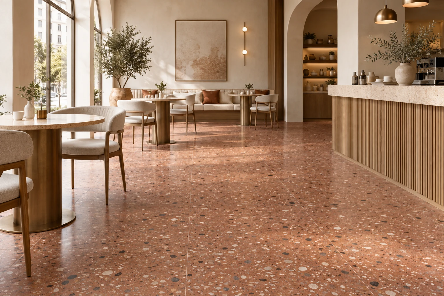 AI-generated design inspiration: an elegant cafe interior with warm terracotta terrazzo-look floor tiles