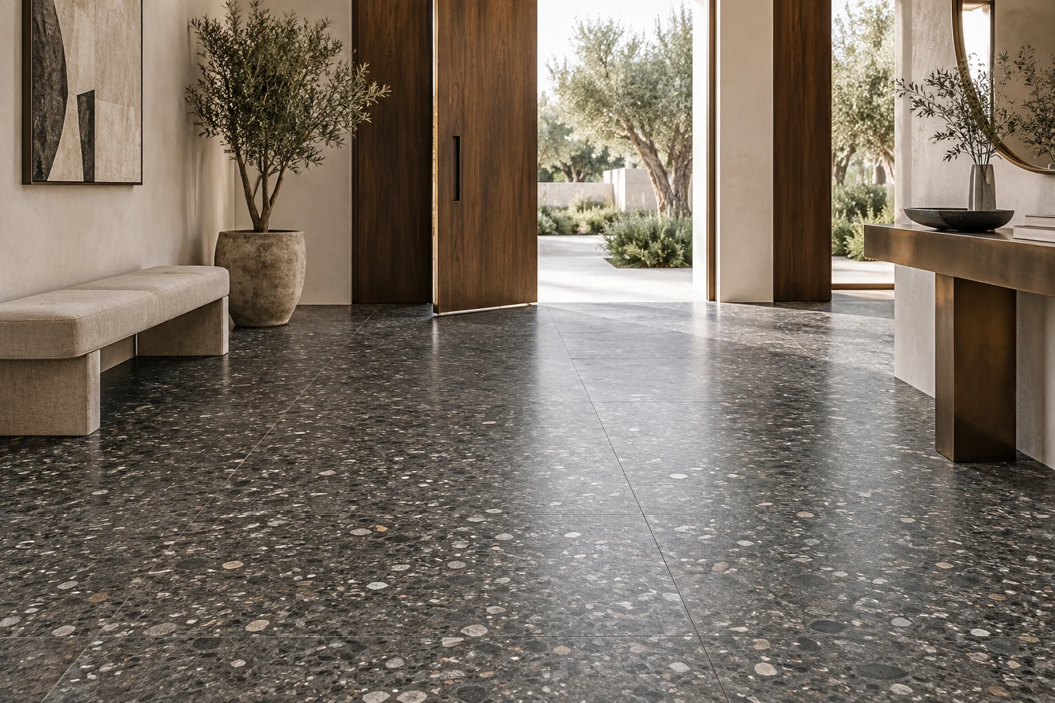 AI-generated design inspiration: a minimalist entrance with dark charcoal terrazzo-look flooring and bronze detail