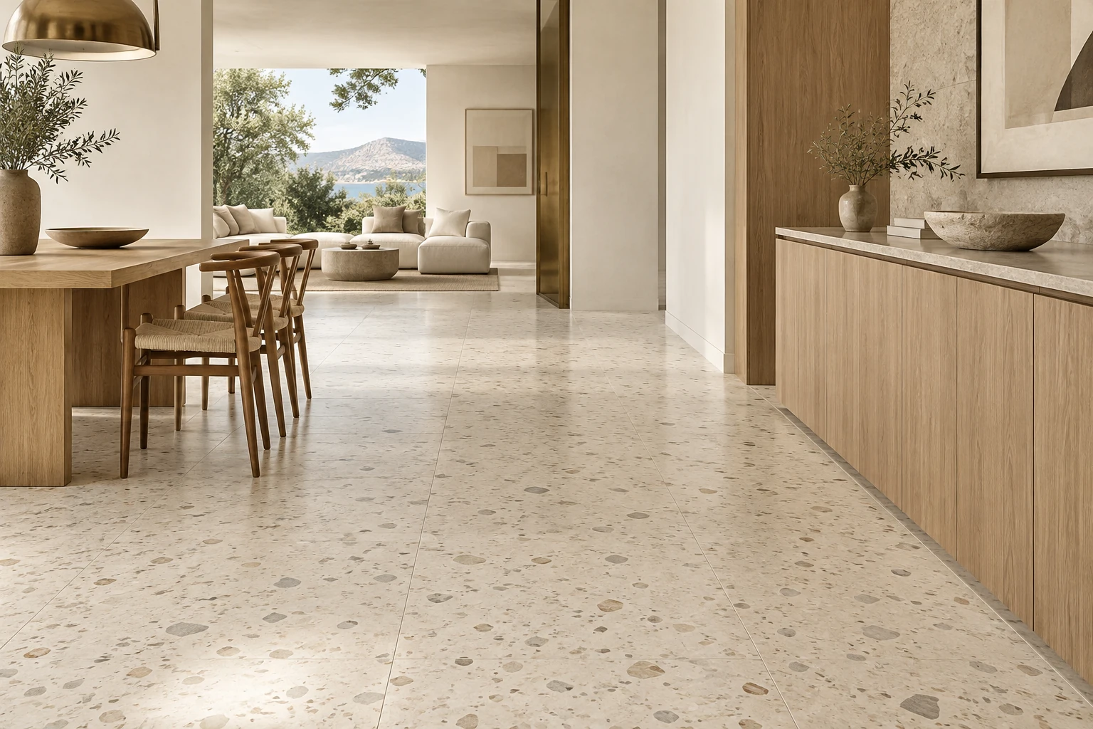 AI-generated design inspiration: a close-up of cream terrazzo-look porcelain with restrained stone chips beside oak joinery