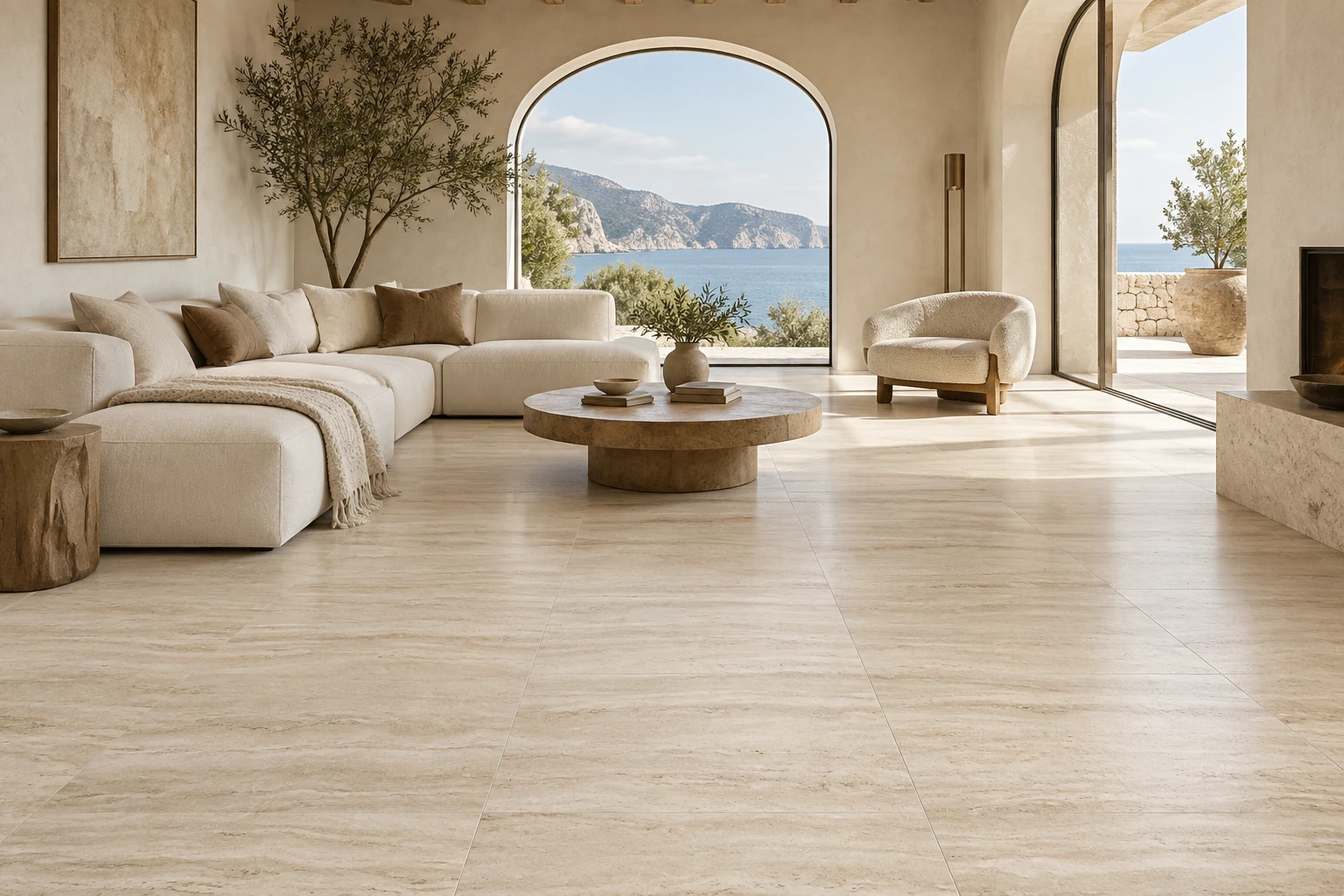 AI-generated design inspiration: a Mediterranean living room with cream travertine-look porcelain flooring