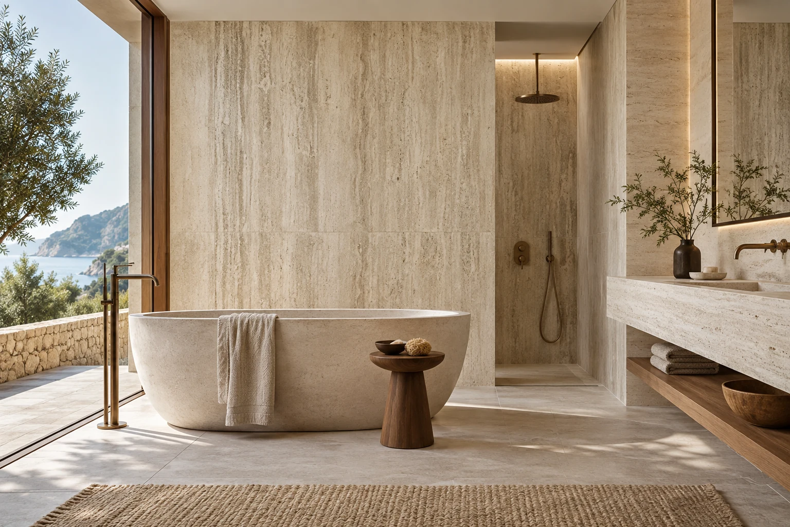 AI-generated design inspiration: a spa bathroom with vein-cut travertine-look tile walls and bronze fittings