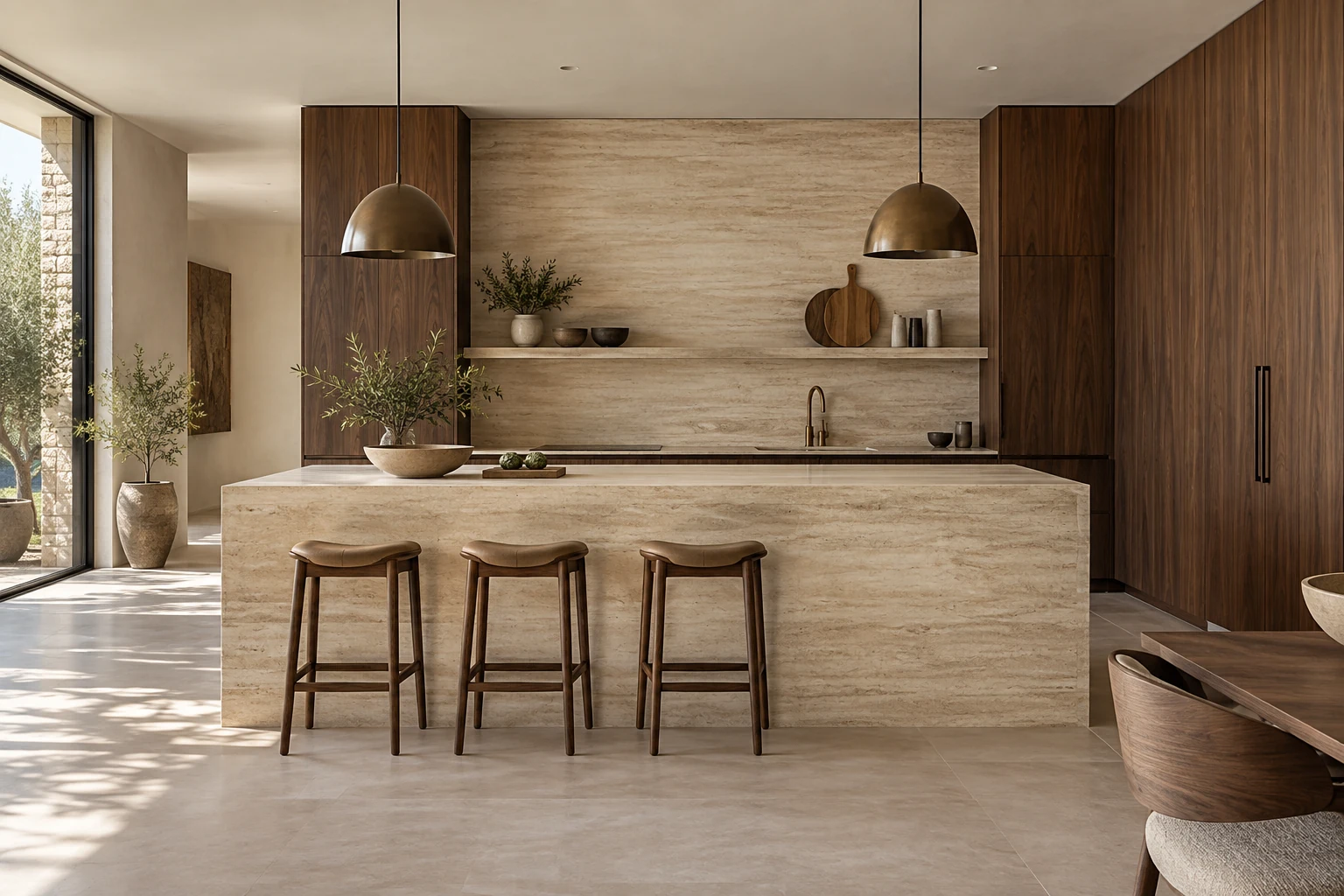 AI-generated design inspiration: an elegant kitchen with warm travertine-look island cladding and walnut doors