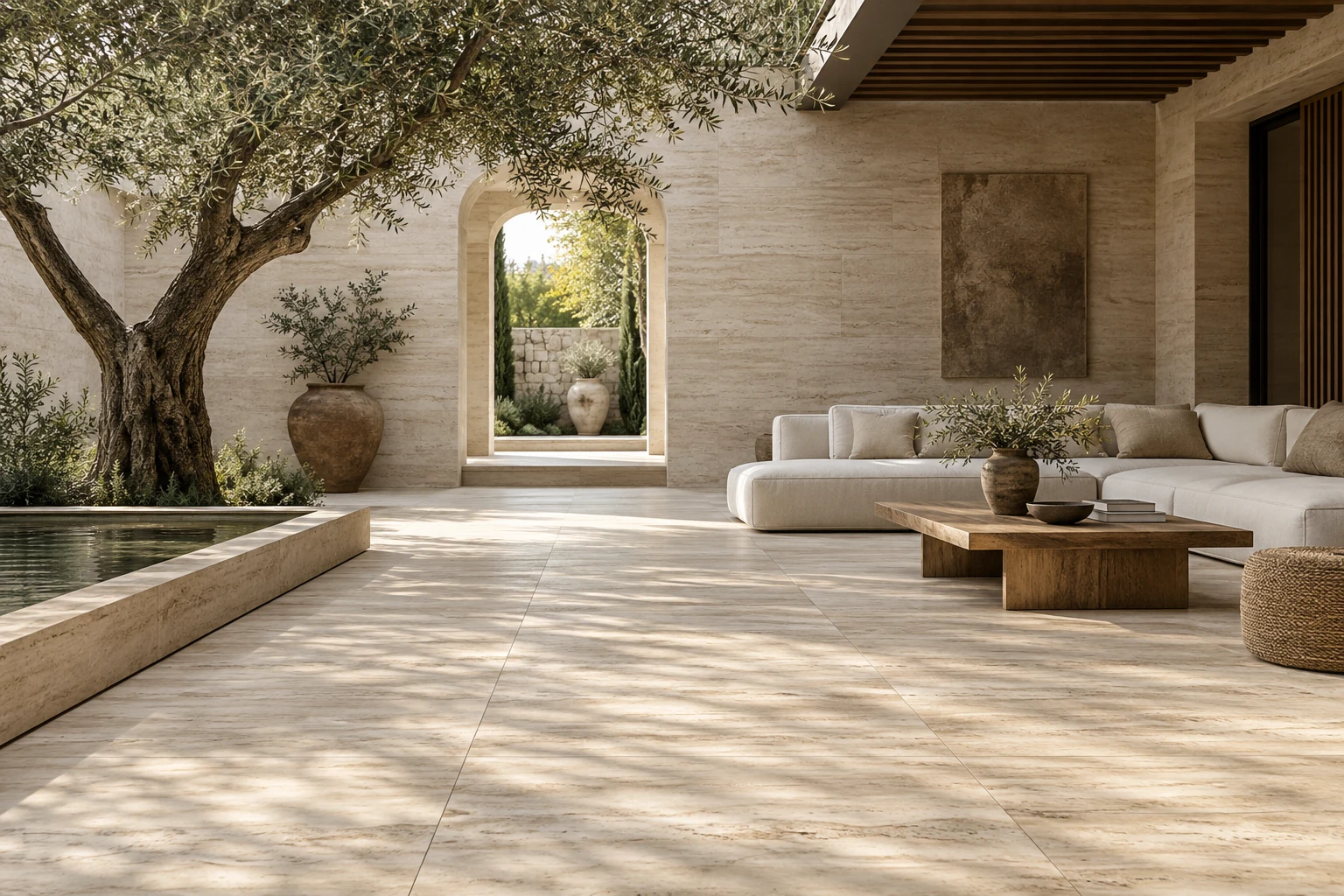 AI-generated design inspiration: a shaded courtyard lounge with travertine-look tiles and an olive tree