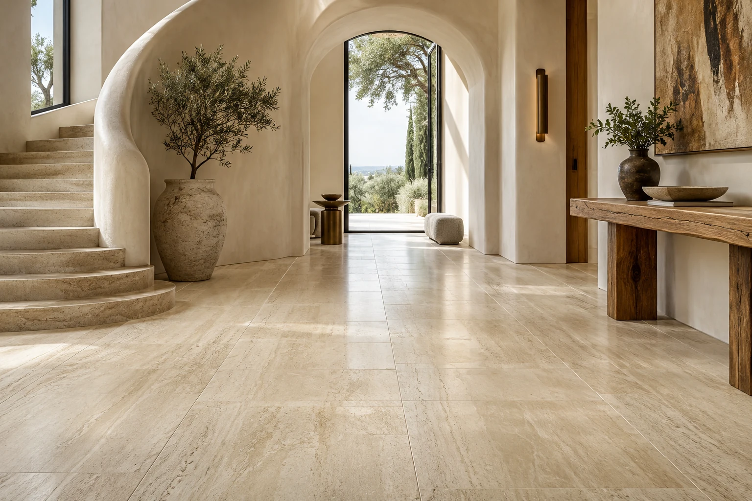 AI-generated design inspiration: a sculptural entry hall with travertine-look porcelain flooring and curved plaster walls