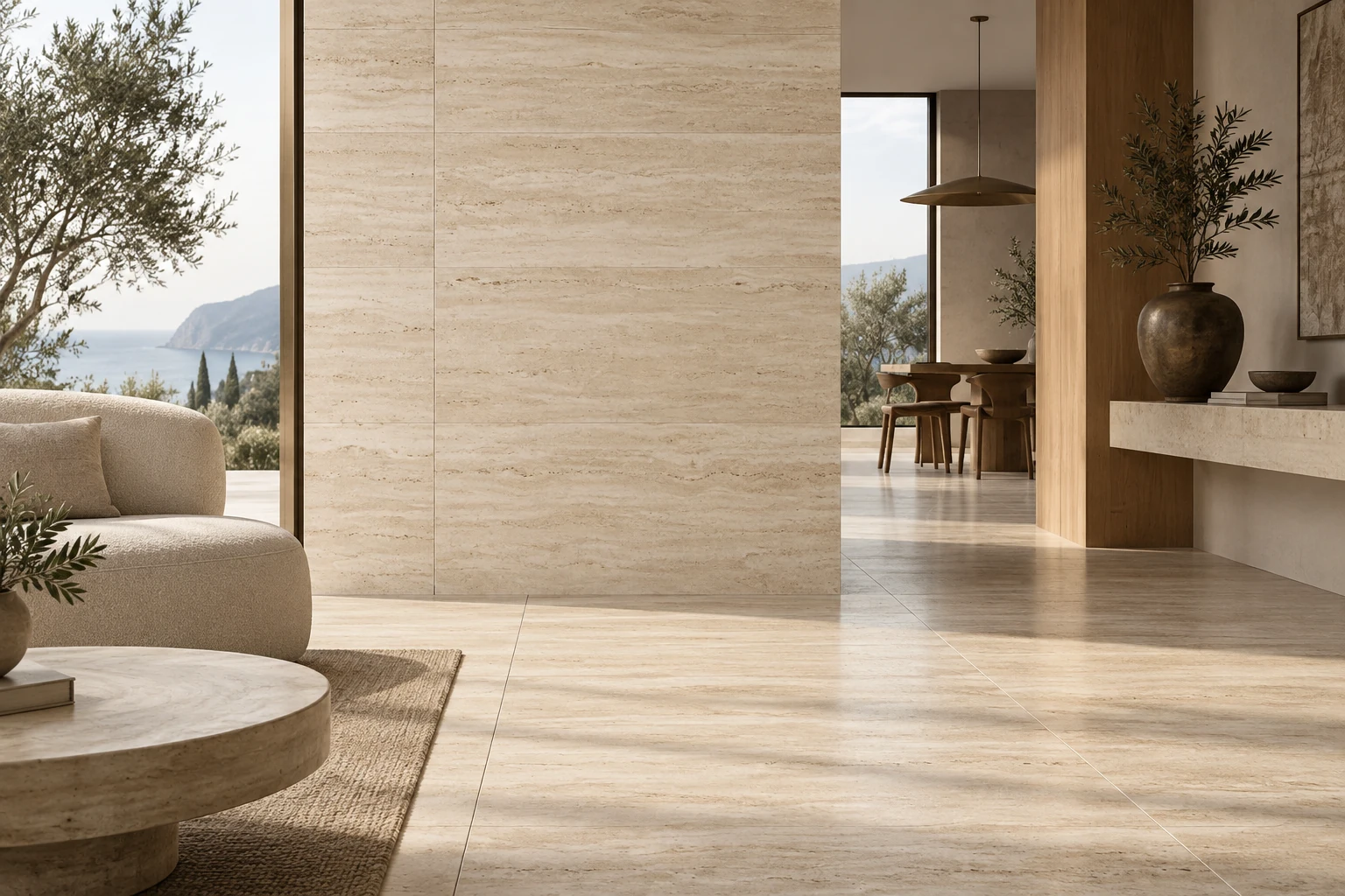 AI-generated design inspiration: a close detail of travertine-look porcelain tile banding and subtle matching grout