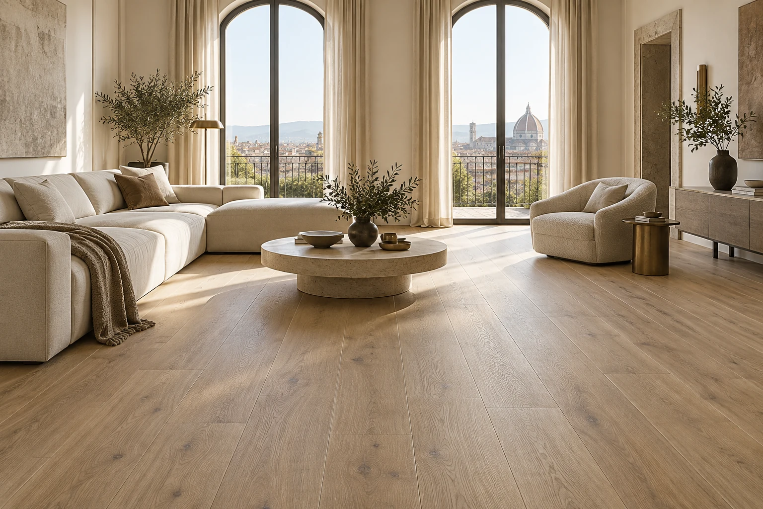 AI-generated design inspiration: a sunlit Italian apartment living room with natural oak-look plank flooring and cream seating