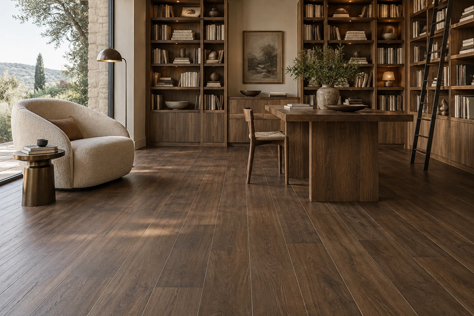 AI-generated design inspiration: a quiet walnut-toned reading library with darker wood-look tile flooring