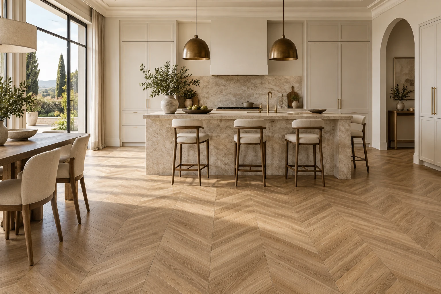 AI-generated design inspiration: a refined kitchen with chevron wood-look porcelain floor, warm white cabinets and a stone island