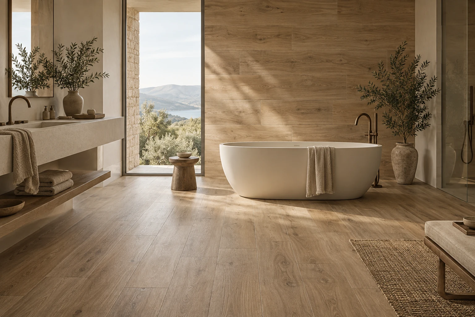 AI-generated design inspiration: a tranquil spa bathroom with wood-look porcelain wall and floor, a freestanding bath and soft daylight