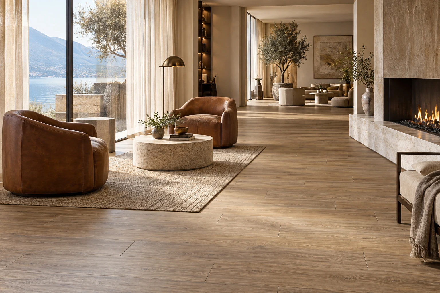 AI-generated design inspiration: a boutique hotel lounge with long wood-look porcelain planks, saddle leather seating and linen curtains