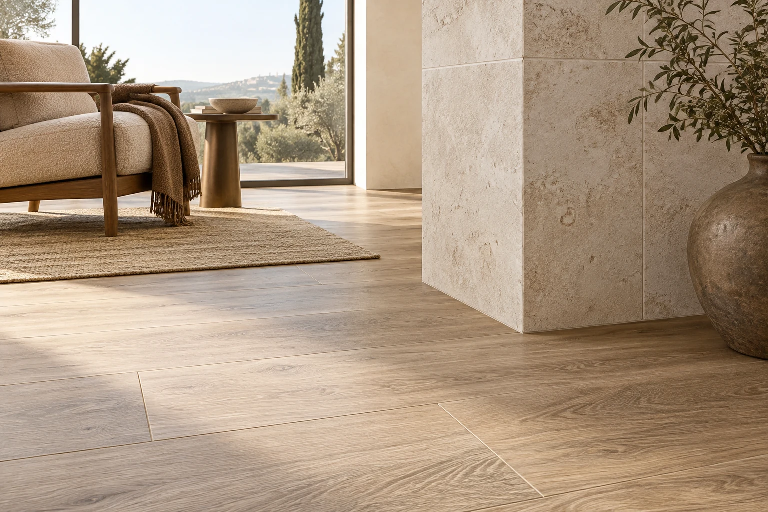 AI-generated design inspiration: an intimate material detail at floor level showing wood-grain porcelain joints meeting a limestone wall
